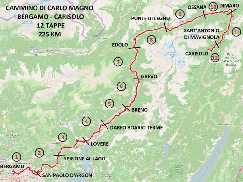 Mappa Cammino di Carlo Magno, un vero Cammino Camuno e una via delle valli sorelle